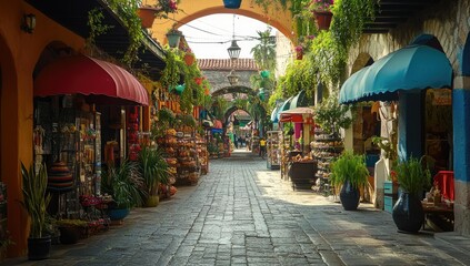 Fototapeta premium Cobblestone street lined with colorful shops and plants.