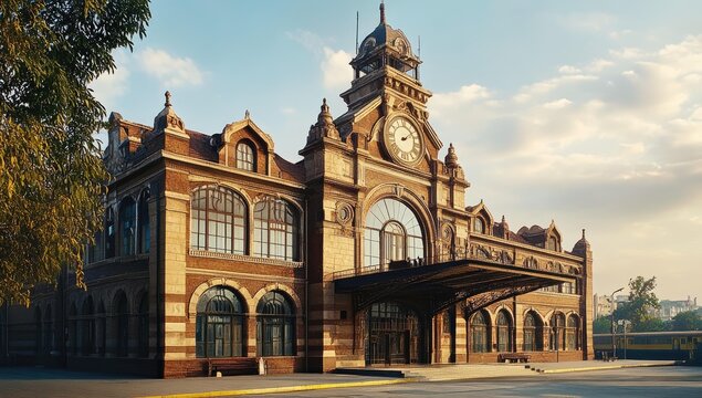 An old, ornate brick train station with a clock tower.