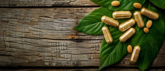 Image: Wooden table with green leaf & gold capsules. Calm, natural scene showing contrast in textures. No text.
