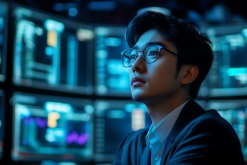 asian young IT Computer specialist analysing artificial intelligence digital threats to consumer data & privacy breach
