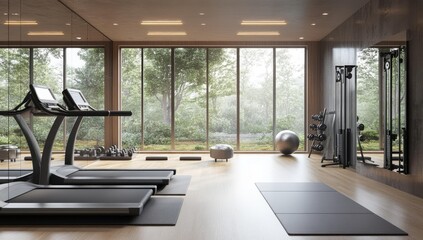 Obraz premium Modern gym with treadmills and a view of trees.