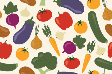 colorful seamless vegetable pattern: onion, garlic, zucchini, eggplant, potato, beetroot, carrot, broccoli, pepper, tomato- vector illustration