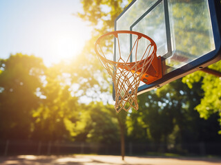 Basketball hoop under a sunny sky with trees around
