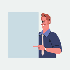 Construction site worker holding a blank banner. copy space. Cartoon flat character design.