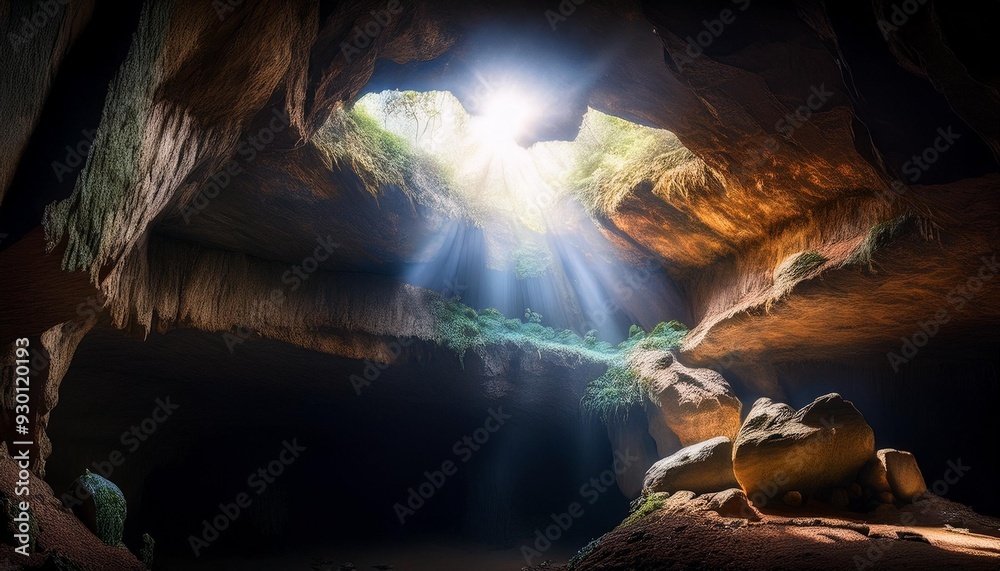 Wall mural realistic image of a large cave chamber with a natural skylight illuminating the space with sunlight