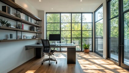 Modern office with large windows and a desk.