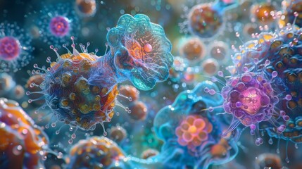 Computer-generated image depicts vibrant virus cluster, resembling COVID-19 or SARS-CoV-2 variants. Colorful cells show dynamic interaction, set against blurred background for chaotic depth.