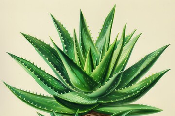 Fototapeta premium A botanical illustration of an aloe vera plant, highlighting its thick, spiky leaves and a cross-section showing the gel inside