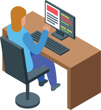 Female programmer working on computer with code on screen sitting on office chair at desk
