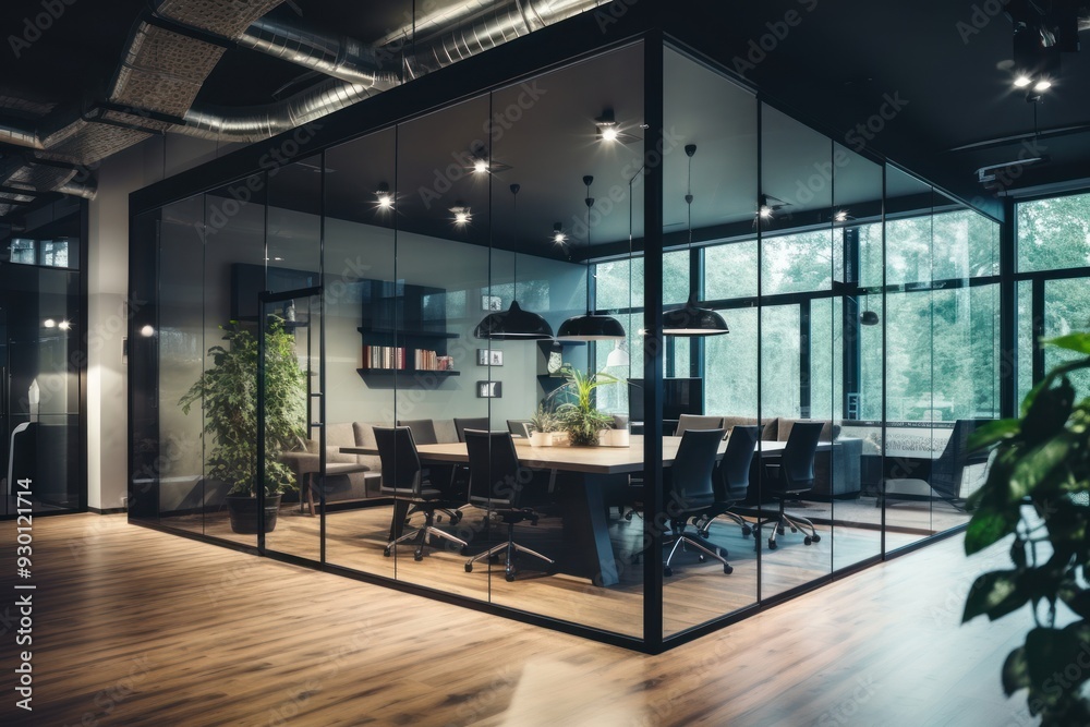 Wall mural modern office with glass partition furniture table chair. image by rawpixel.