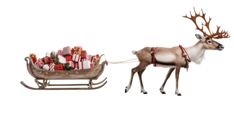 A reindeer is pulling a sleigh full of presents