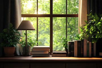 Workplace home library wooden table, books and desk lamp near window nature background