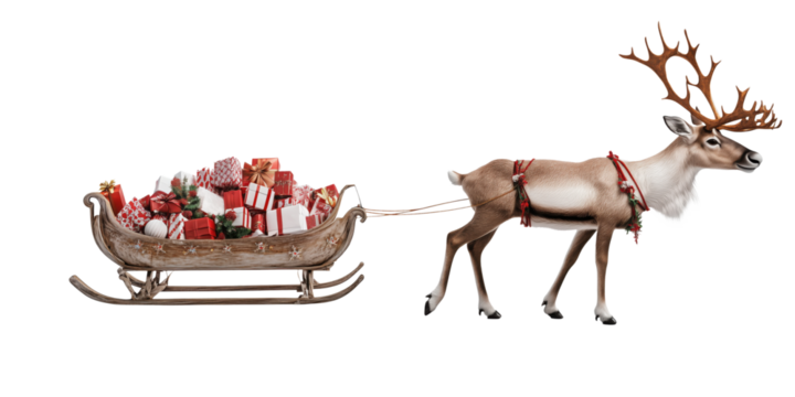 A reindeer is pulling a sleigh full of presents
