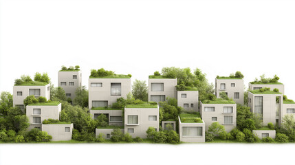 A row of tall buildings with green roofs and trees growing on top