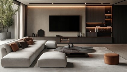 Modern living room with sectional sofa and TV.
