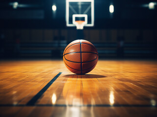 Naklejka premium Basketball on court floor, close-up with an out-of-focus arena in the background