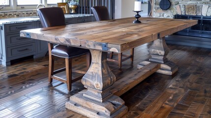 Design a rustic farmhouse table with distressed wood and chunky legs, emphasizing its sturdy and timeless charm.