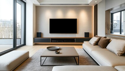 Modern living room with TV, couch, and coffee table.