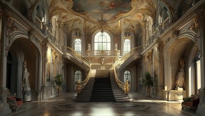 Ornate grand staircase in a gilded palace.