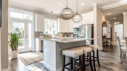 Design a white high-top table with bar stools in a trendy kitchen, perfect for casual dining and socializing.