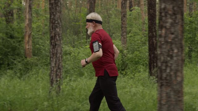 Senior man with phone in armband setting up fitness app on smartwatch and running in woods pn summer day