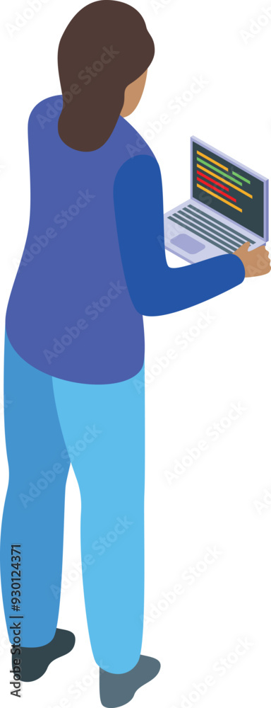 Poster woman programmer is standing and coding using a laptop in isometric view
