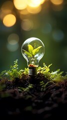 Green light bulb, sustainable development and environmental protection concept