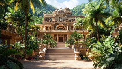 Obraz premium Stone mansion entrance with lush tropical plants.