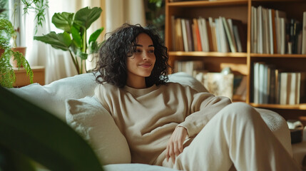 Obraz premium Woman sitting on sofa at home. 