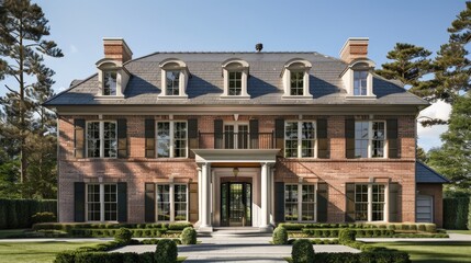 Fototapeta premium Design an image of a colonial-style home exterior with symmetrical windows, a central doorway, and classic brickwork, capturing timeless architectural elegance.