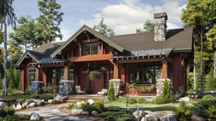 Design an image of a craftsman-style home exterior with a wide front porch, exposed beams, and stone pillars, emphasizing handcrafted quality and traditional charm.