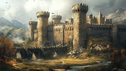 Fototapeta premium Stone castle in a mountainous landscape.