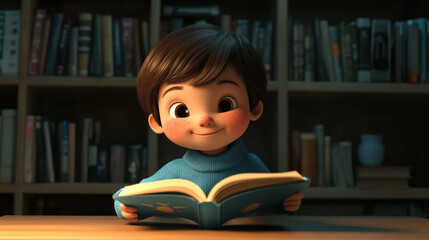 Happy 3D animated child with a book at a table, enjoying the reading time
