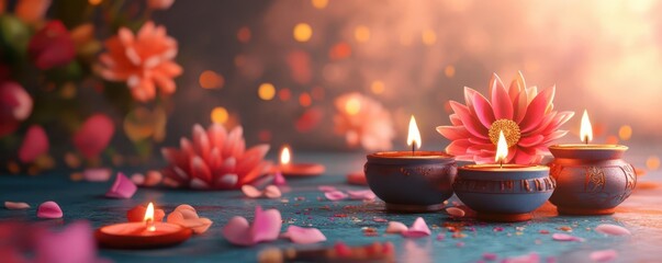 Serene scene with decorative candles, flowers, and soft lighting, perfect for relaxation and celebration of traditions.