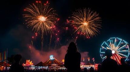 Obraz premium Night shot of a fireworks display over a county fair, bright bursts of color lighting up the sky, silhouettes of fairgoers watching in awe, carnival rides glowing in the background, festive and