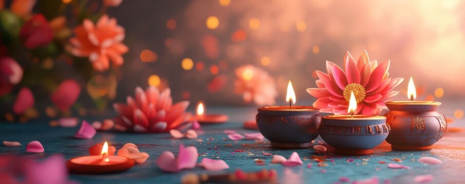 Serene scene with decorative candles, flowers, and soft lighting, perfect for relaxation and celebration of traditions.