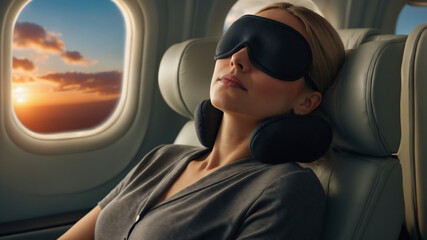 Relaxed Woman Sleeping on Airplane with Eye Mask and Neck Pillow During Sunset Flight