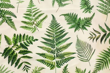 A botanical print of different types of ferns, showcasing their unique leaf shapes and intricate details.