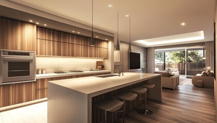 Fototapeta premium Modern kitchen with island and bar stools.