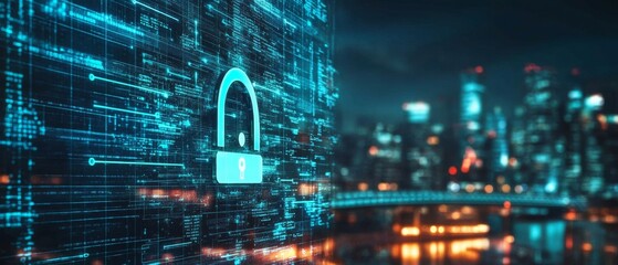 Visualize a modern cybersecurity scene with advanced protective technologies and secure data management in a high-tech, digital landscape