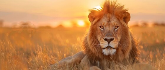  A tight shot of a lion reclining in a verdant meadow, with the sun sinking in the backdrop