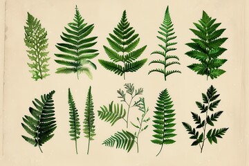 A botanical print of different types of ferns, showcasing their unique leaf shapes and intricate details.