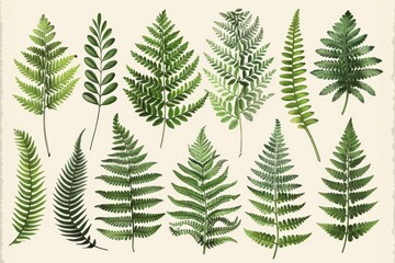 Obraz premium A botanical print of different types of ferns, showcasing their unique leaf shapes and intricate details.