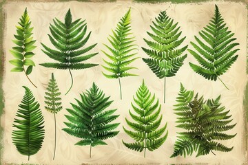 A botanical print of different types of ferns, showcasing their unique leaf shapes and intricate details.