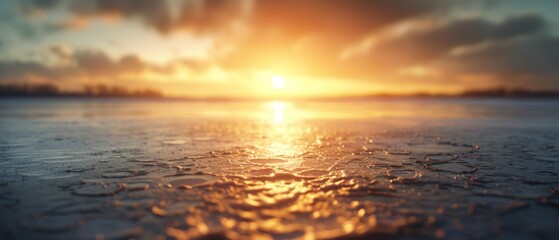 Obraz premium Sun sinking into water, water droplets on ground, backdrop of colored sky