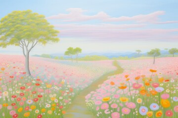 Fototapeta premium Flower field painting landscape grassland.