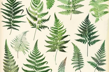Obraz premium A botanical print of different types of ferns, showcasing their unique leaf shapes and intricate details.