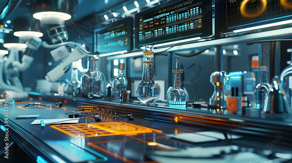 Poster a creative representation of programmable nanobots being configured to perform specific tasks, set i