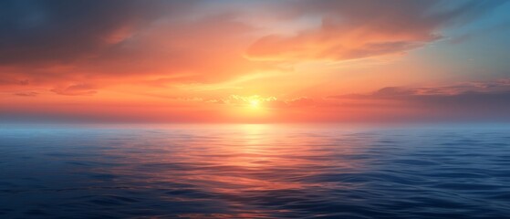  A tranquil expanse of water, graced with a sunset at its heart, cradles clouds in the azure canvas above