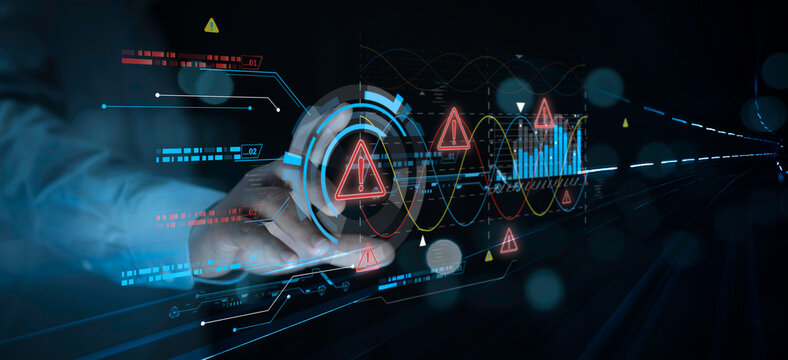 Businessman touch glowing digital security with infographics and Malware attack virus alert, icons and dashboard. Concept of cyber security protect business information from threat attacks